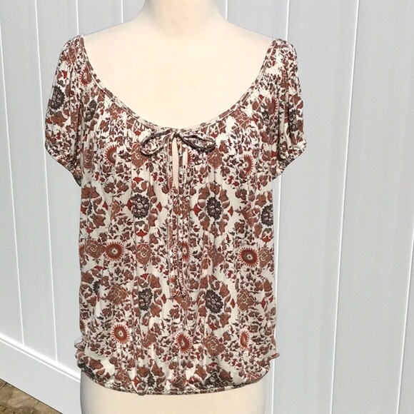 Max Studio Floral Print Scooped Neckline Short Sleeved Elastic Waistband Top Med - Picture 2 of 16